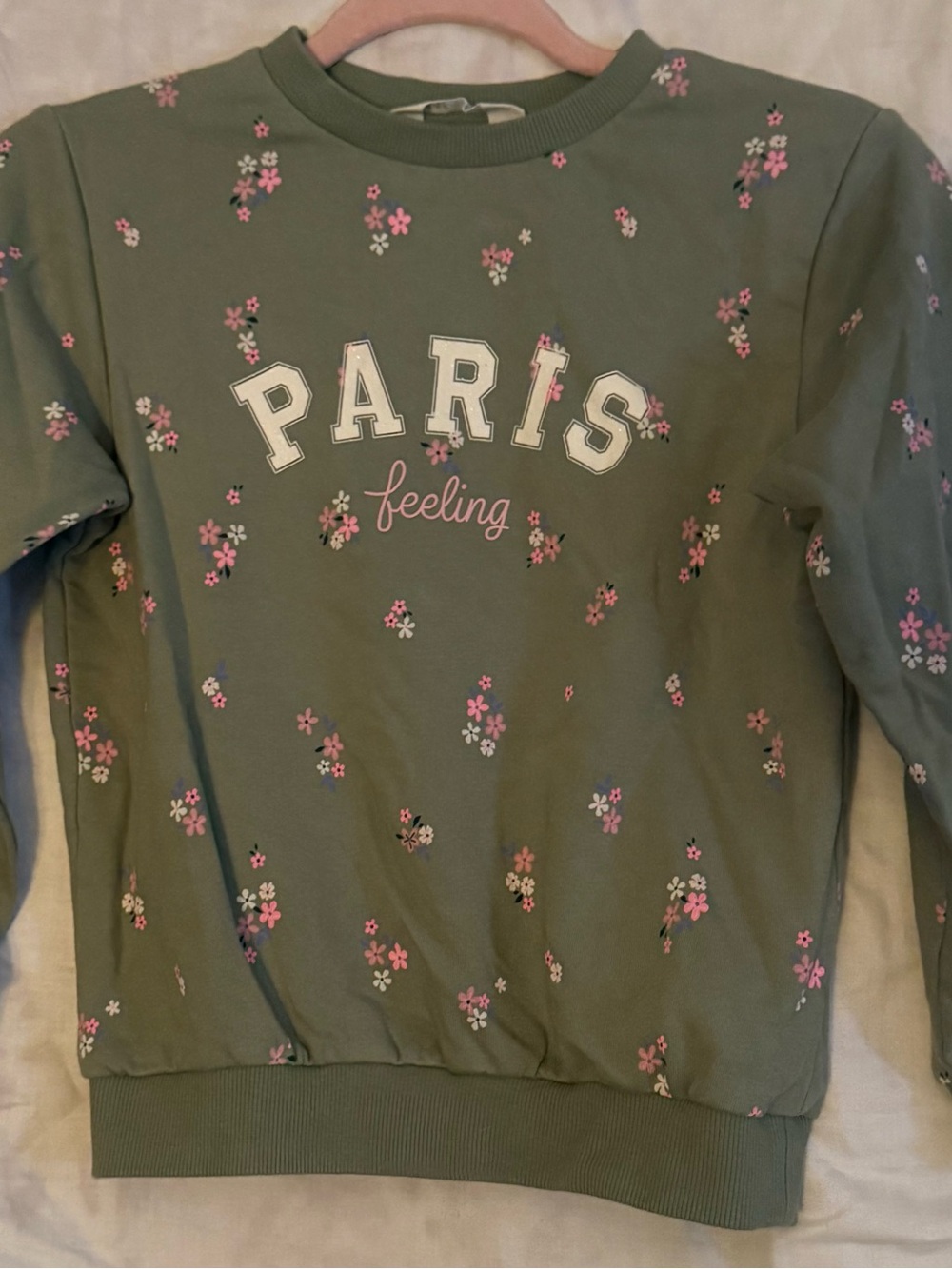 H&M Olive Green Crewneck Sweatshirt with Pink Floral Accents